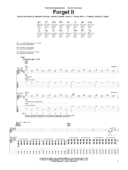 Learn to play Breaking Benjamin Forget It sheet music for Guitar Tab in minutes. Price: 7.8900$ Breaking Benjamin Forget It sheet music notes and chords arranged for Guitar Tab
