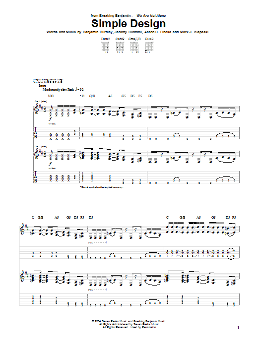 Learn to play Breaking Benjamin Simple Design sheet music for Guitar Tab in minutes. Price: 7.8900$ Breaking Benjamin Simple Design sheet music notes and chords arranged for Guitar Tab