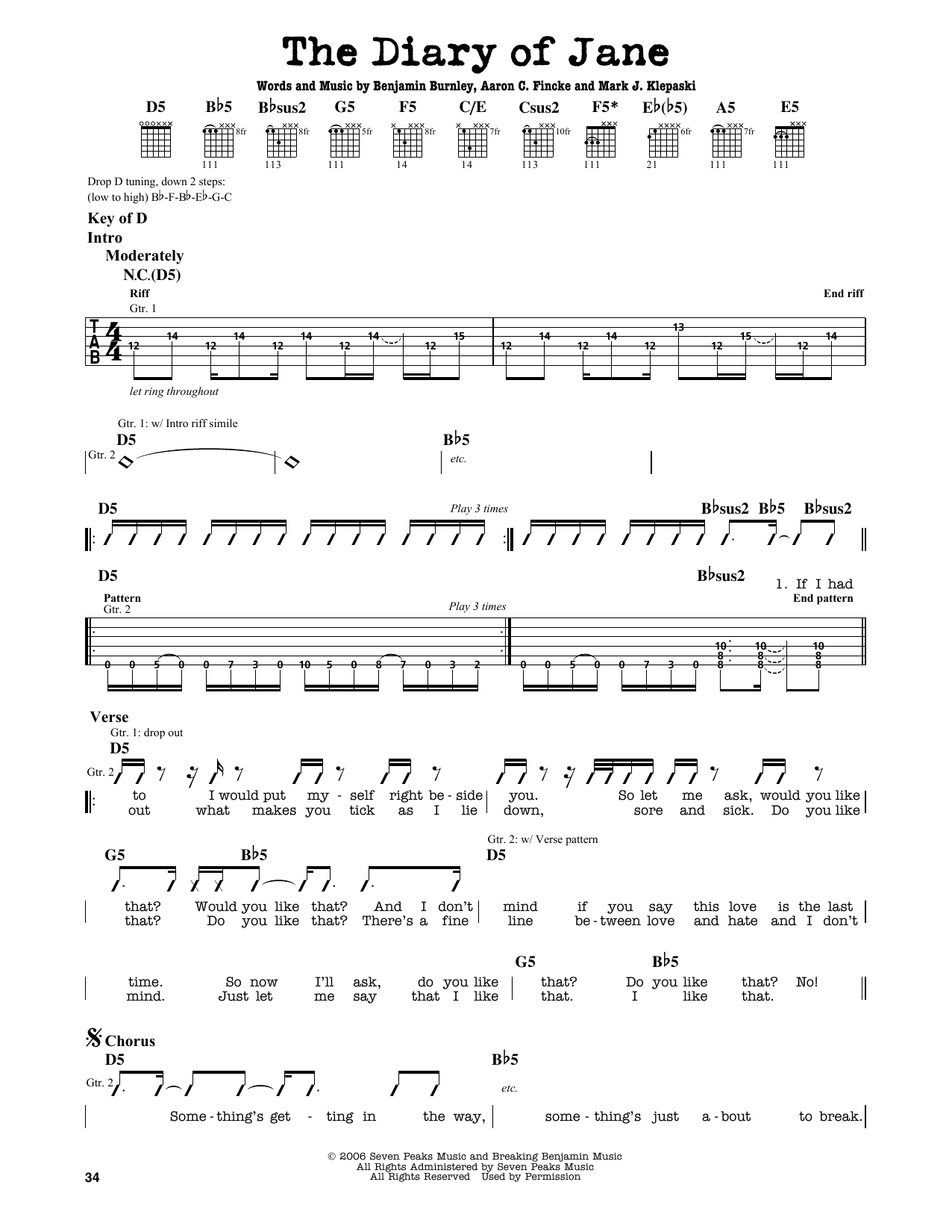 Breaking Benjamin The Diary Of Jane sheet music notes and chords. Download Printable PDF.