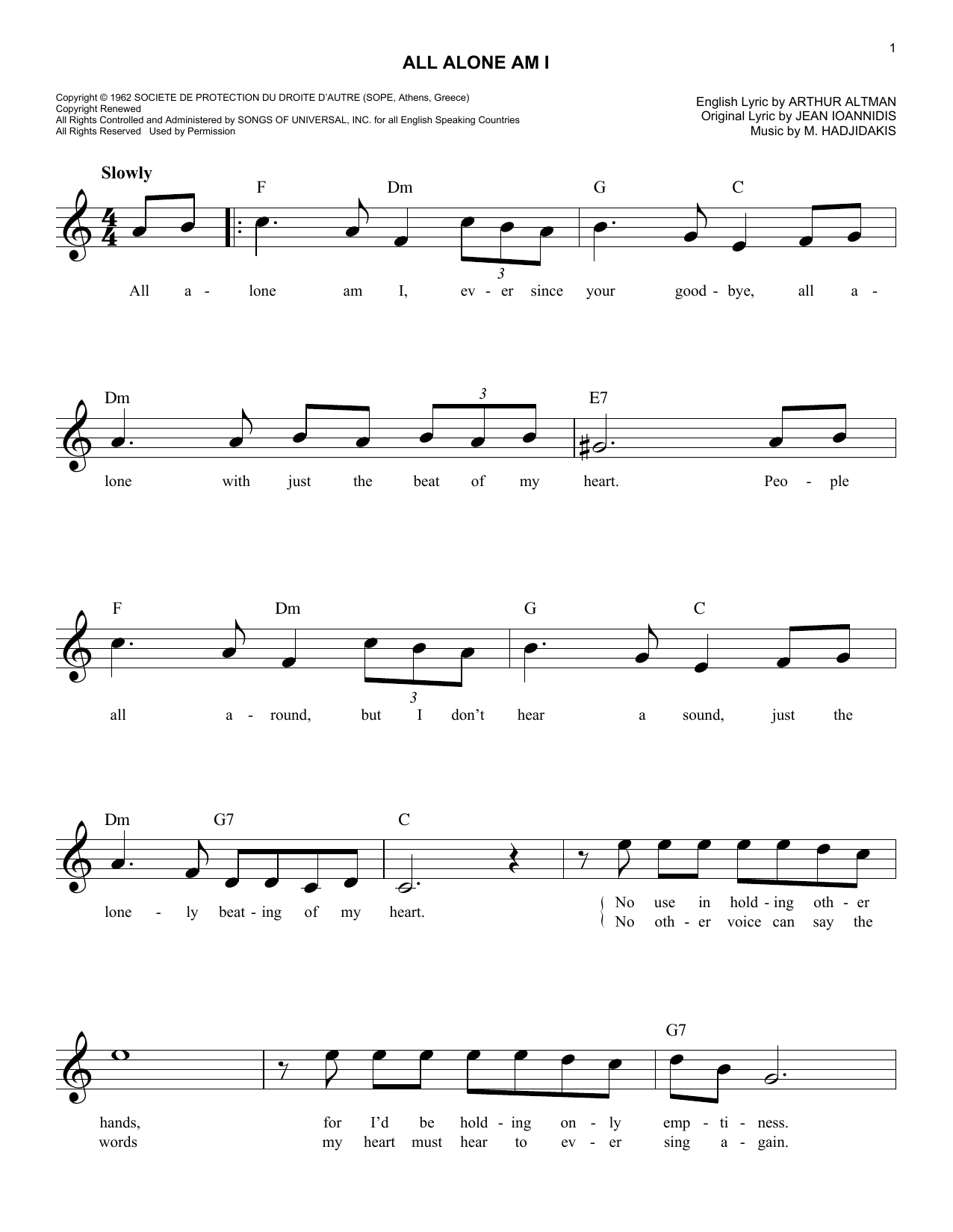 Brenda Lee All Alone Am I sheet music notes and chords. Download Printable PDF.