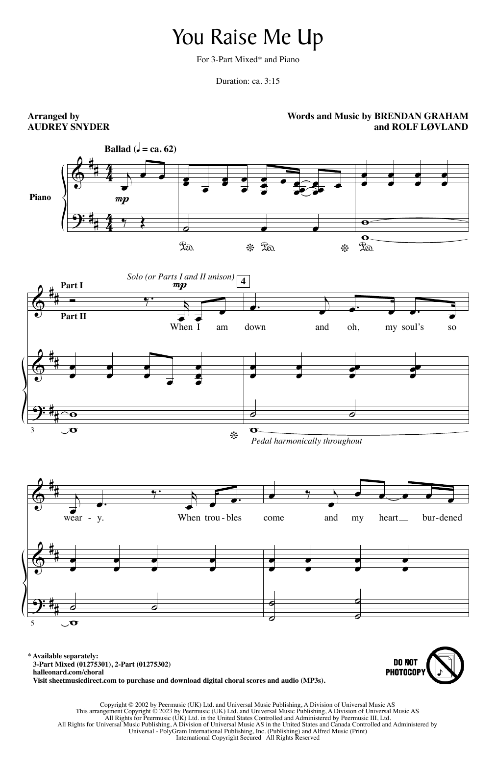 Brendan Graham and Rolf Lovland You Raise Me Up (arr. Audrey Snyder) sheet music notes and chords. Download Printable PDF.