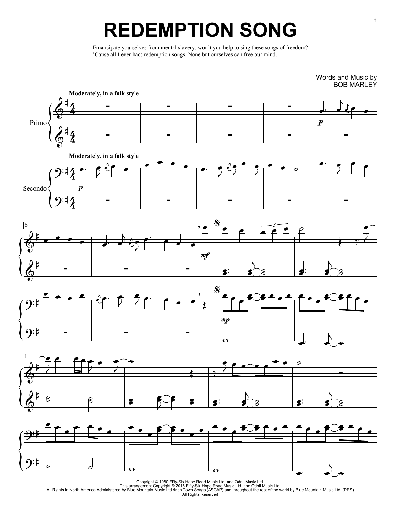 Learn to play Brent Edstrom Redemption Song sheet music for Piano Duet in minutes. Price: 7.8900$ Brent Edstrom Redemption Song sheet music notes and chords arranged for Piano Duet