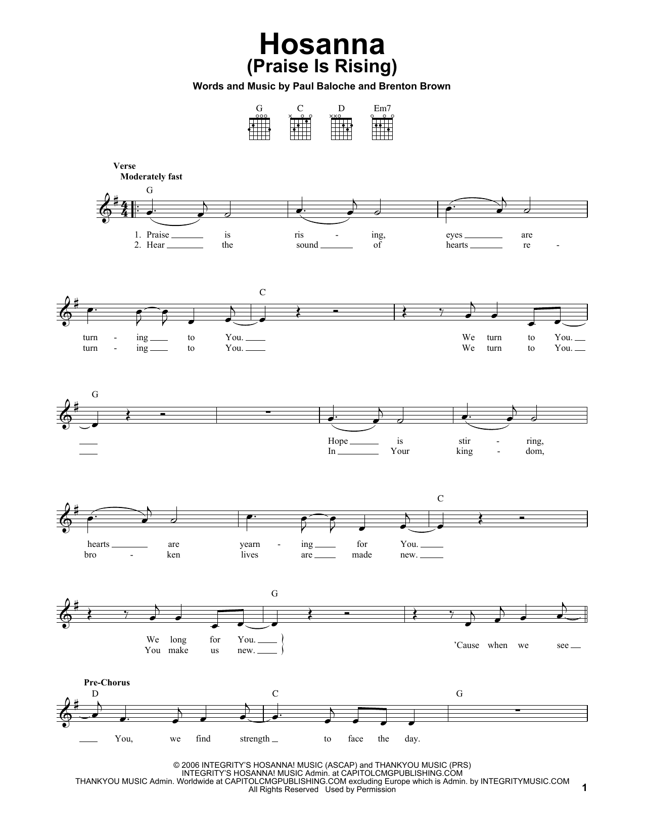 Brenton Brown Hosanna (Praise Is Rising) sheet music notes and chords. Download Printable PDF.