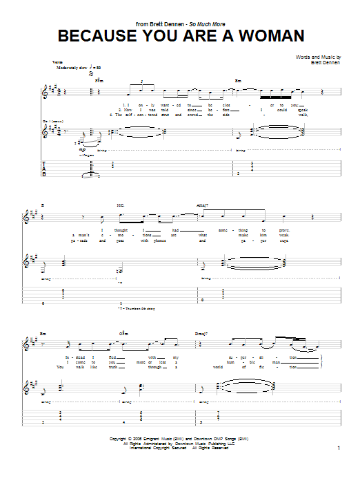 Learn to play Brett Dennen Because You Are A Woman sheet music for Guitar Tab in minutes. Price: 7.8900$ Brett Dennen Because You Are A Woman sheet music notes and chords arranged for Guitar Tab