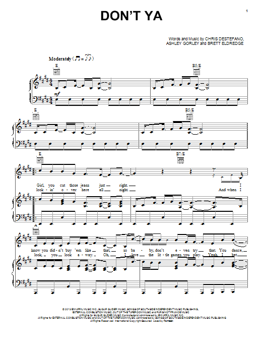 Learn to play Brett Eldredge Don't Ya sheet music for Piano, Vocal & Guitar Chords (Right-Hand Melody) in minutes. Price: 7.8900$ Brett Eldredge Don't Ya sheet music notes and chords arranged for Piano, Vocal & Guitar Chords (Right-Hand Melody)