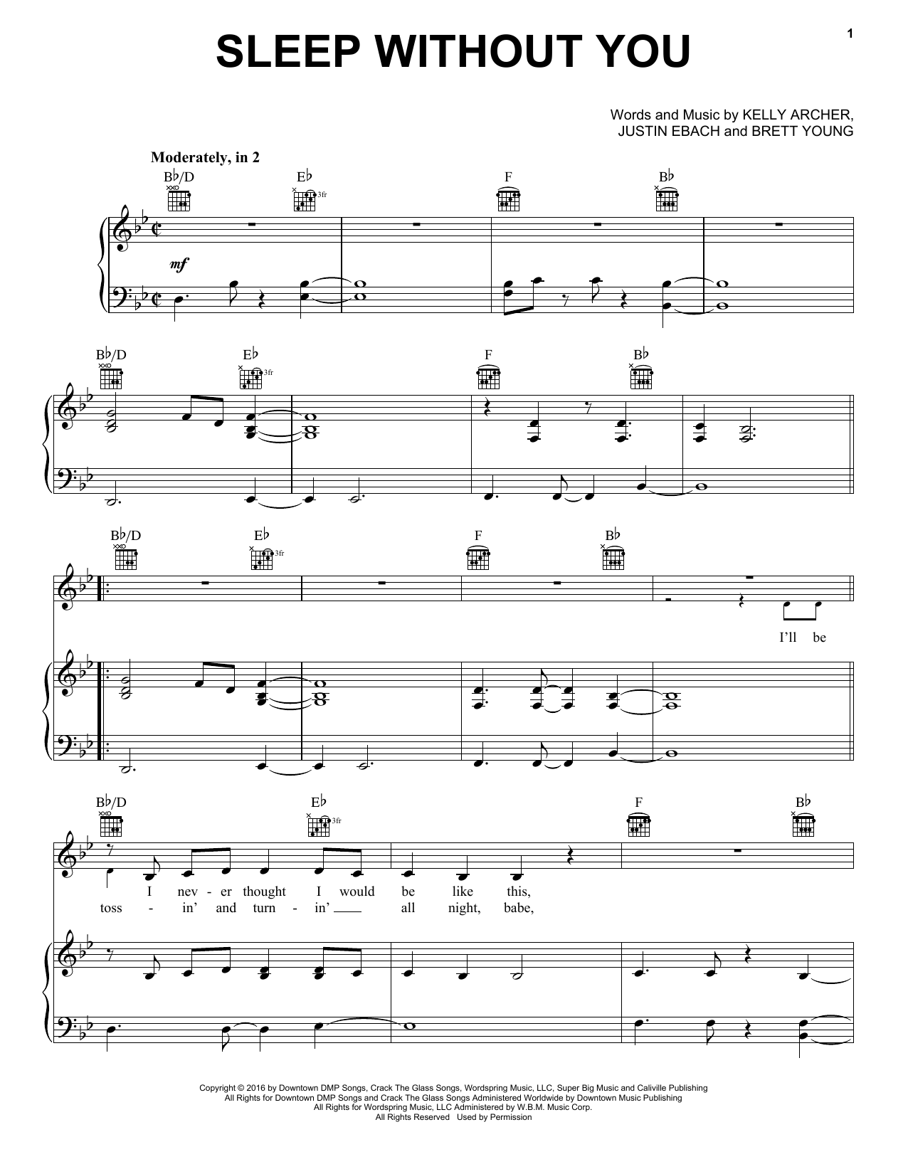 Brett Young Sleep Without You sheet music notes and chords. Download Printable PDF.