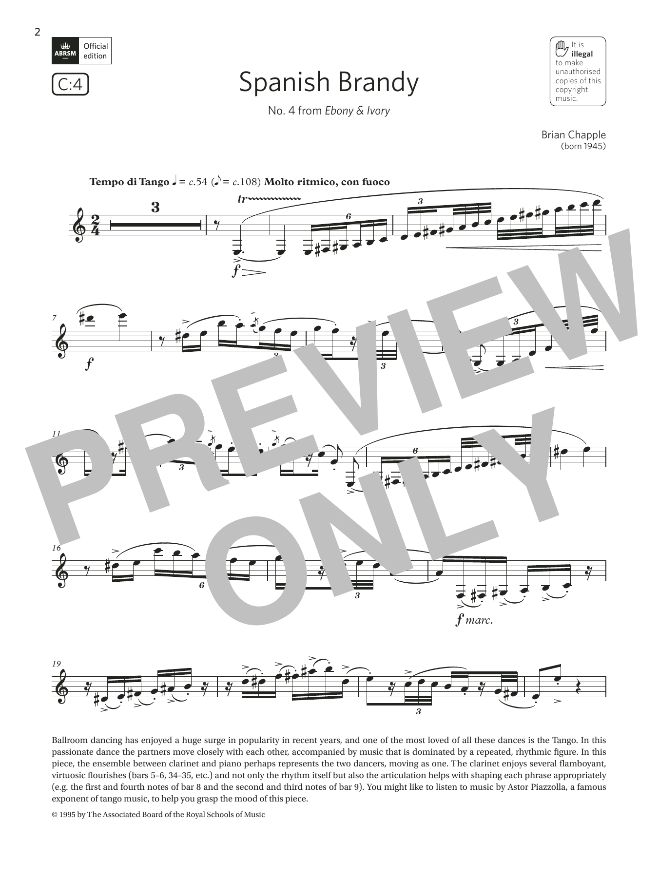 Learn to play Brian Chapple Spanish Brandy (No4 from Ebony & Ivory)(Grade 6 List C4 from the ABRSM Clarinet syllabus from 2022) sheet music for Clarinet Solo in minutes. Price: 7.6900$ Brian Chapple Spanish Brandy (No4 from Ebony & Ivory)(Grade 6 List C4 from the ABRSM Clarinet syllabus from 2022) sheet music notes and chords arranged for Clarinet Solo
