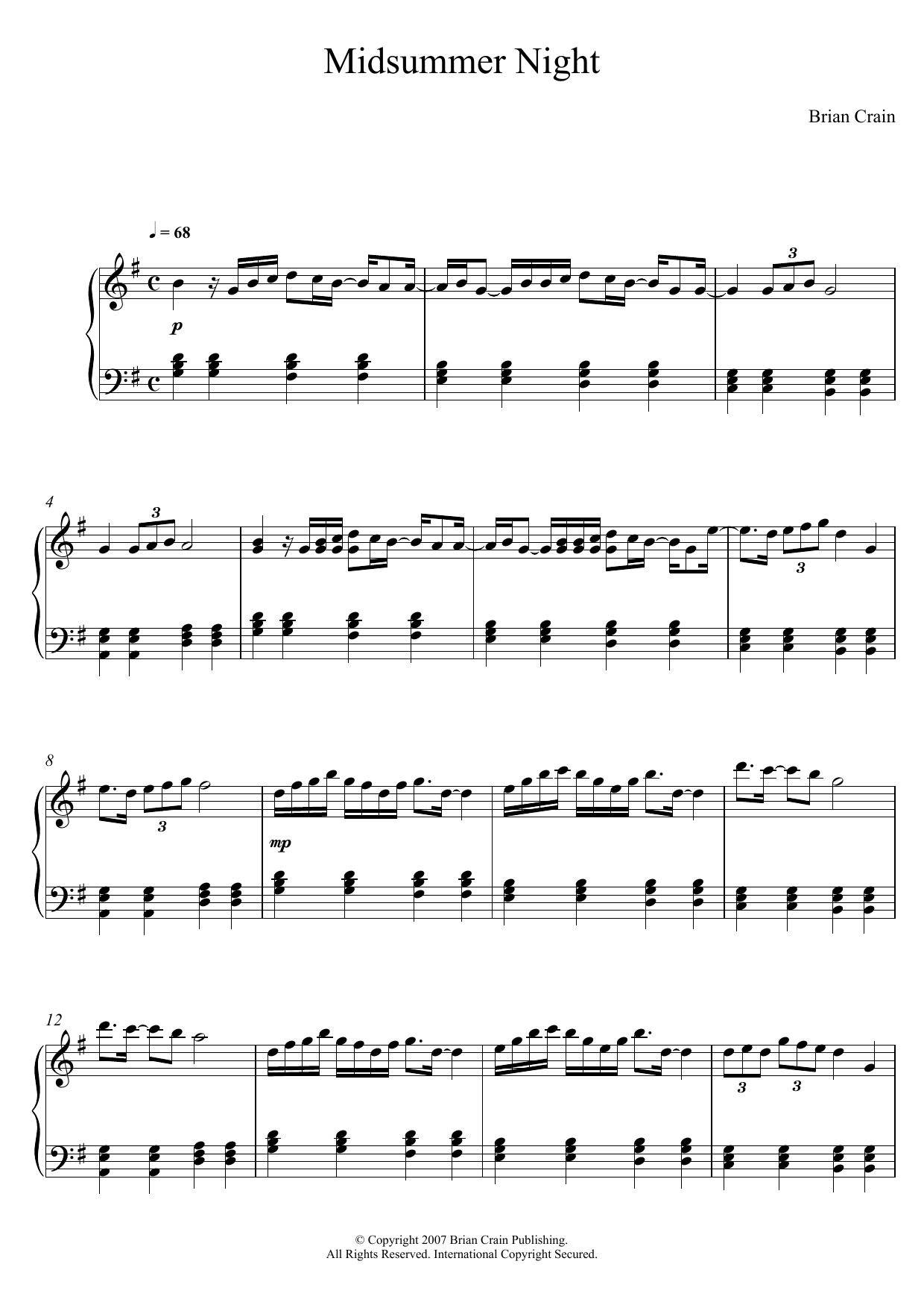 Brian Crain Midsummer Night sheet music notes and chords. Download Printable PDF.