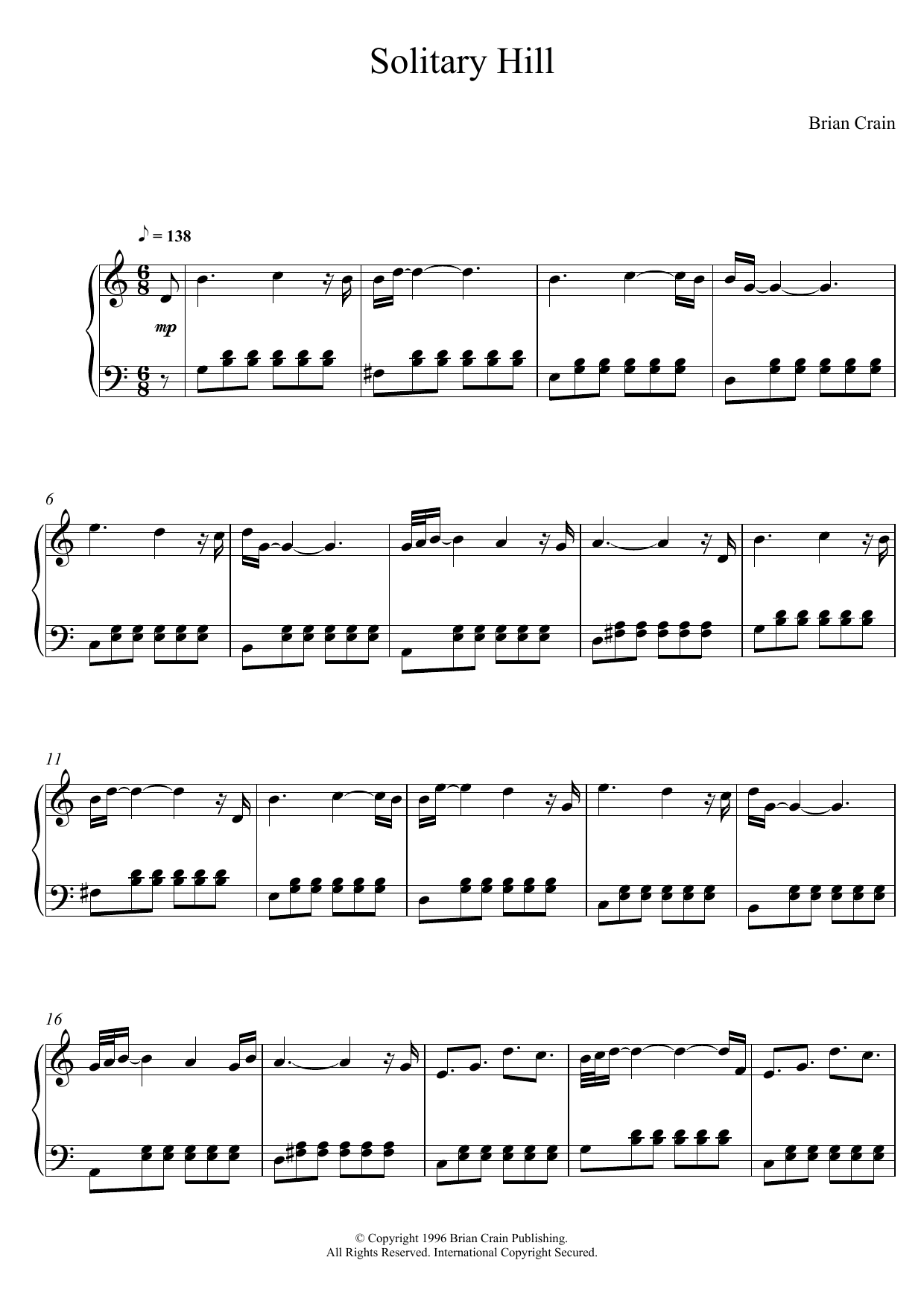 Learn to play Brian Crain Solitary Hill sheet music for Piano Solo in minutes. Price: 7.8900$ Brian Crain Solitary Hill sheet music notes and chords arranged for Piano Solo