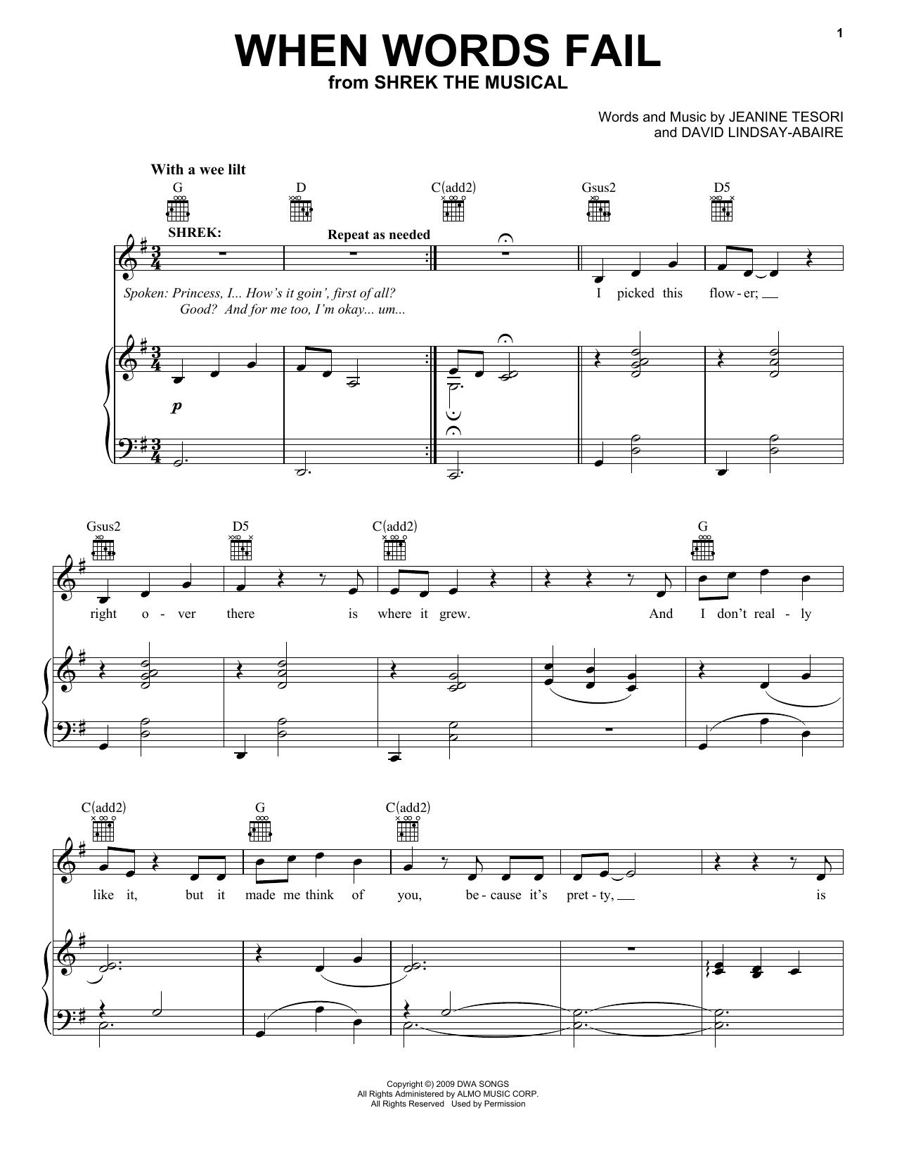 Brian d'Arcy James When Words Fail (from Shrek The Musical) sheet music notes and chords. Download Printable PDF.