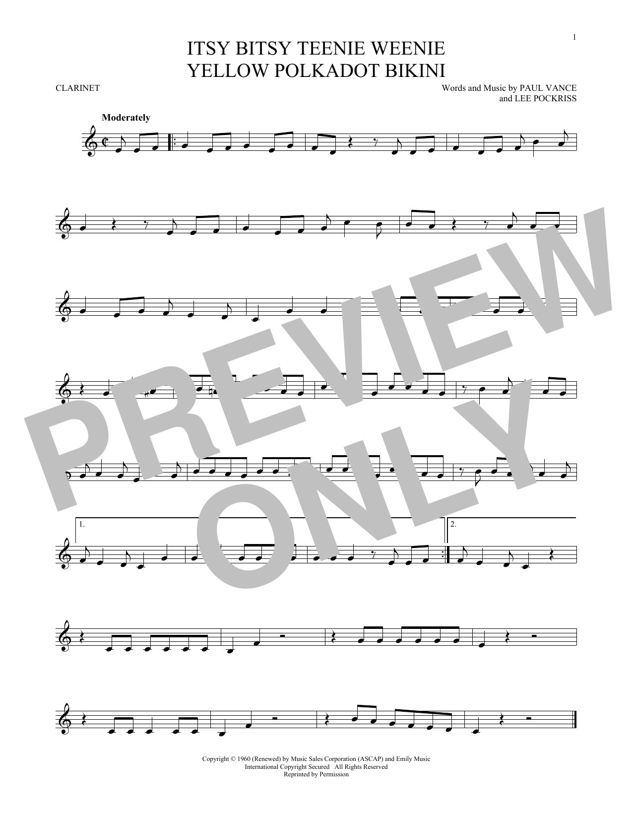 Brian Hyland Itsy Bitsy Teenie Weenie Yellow Polkadot Bikini sheet music notes and chords arranged for Clarinet Solo