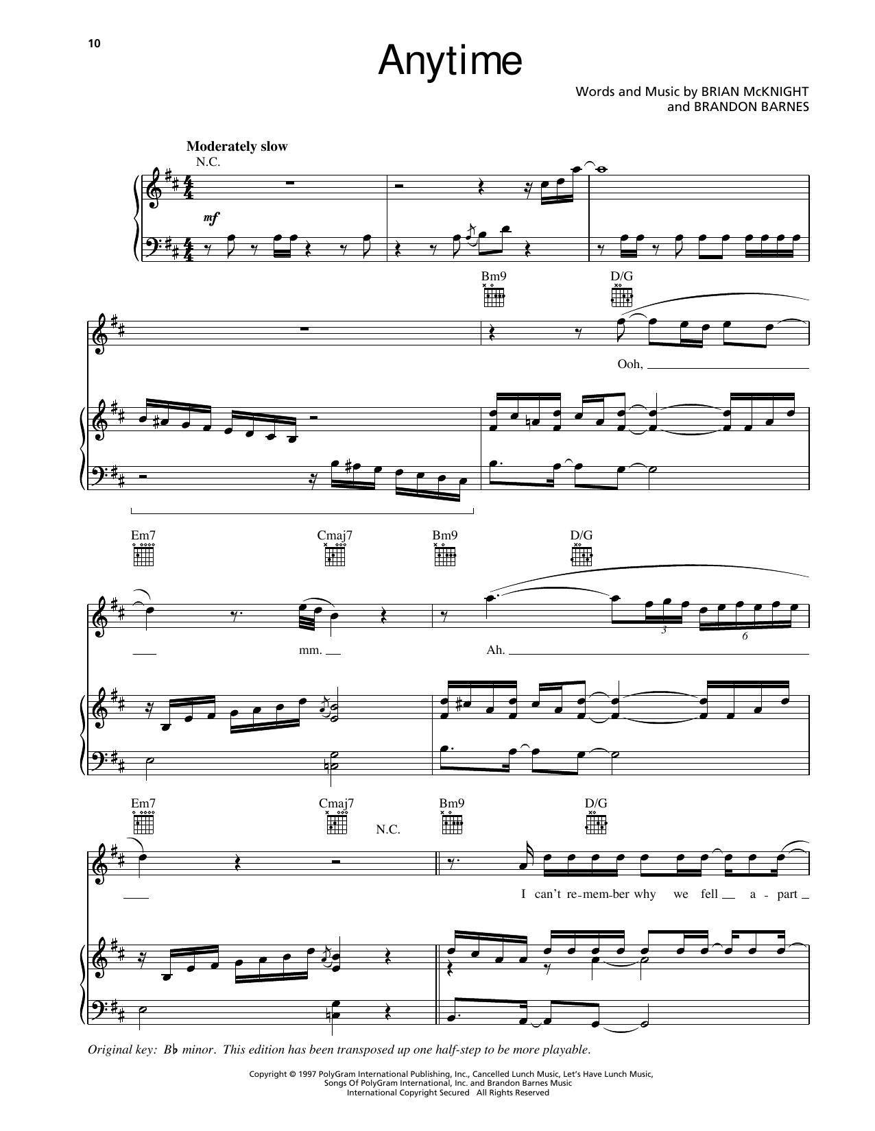 Brian McKnight Anytime sheet music notes and chords arranged for Piano, Vocal & Guitar Chords (Right-Hand Melody)