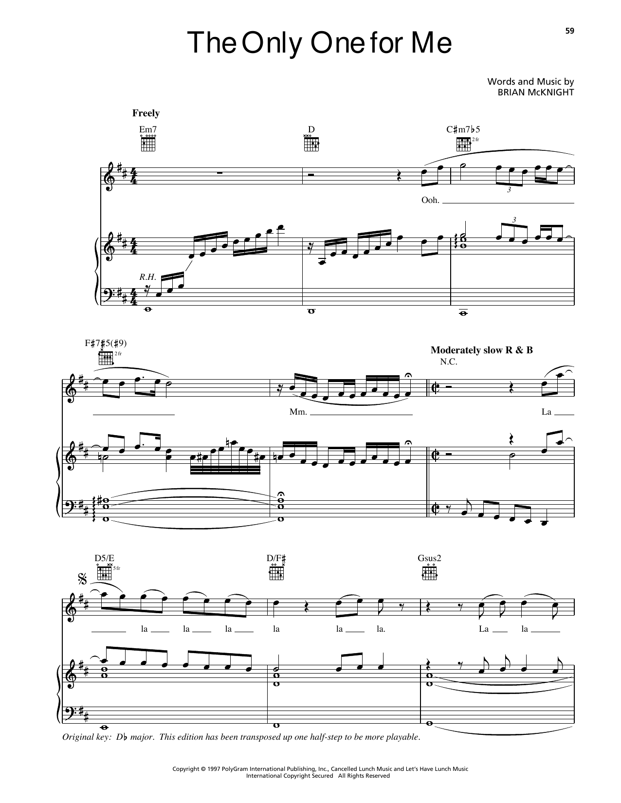 Brian McKnight The Only One For Me sheet music notes and chords arranged for Piano, Vocal & Guitar Chords (Right-Hand Melody)
