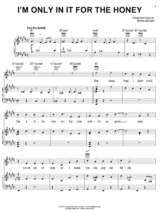Learn to play Brian Setzer I'm Only In It For The Honey (from The Country Bears) sheet music for Piano, Vocal & Guitar Chords (Right-Hand Melody) in minutes. Price: 7.8900$ Brian Setzer I'm Only In It For The Honey (from The Country Bears) sheet music notes and chords arranged for Piano, Vocal & Guitar Chords (Right-Hand Melody)