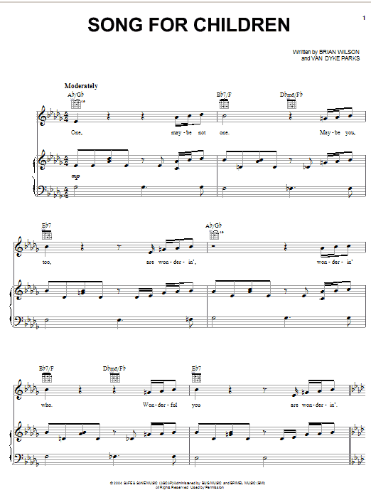 Brian Wilson Song For Children sheet music notes and chords arranged for Piano, Vocal & Guitar Chords (Right-Hand Melody)