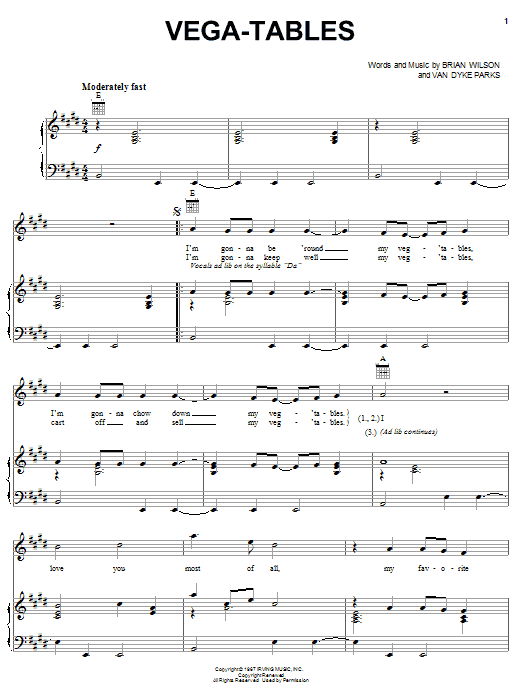 Brian Wilson Vega-Tables sheet music notes and chords arranged for Piano, Vocal & Guitar Chords (Right-Hand Melody)