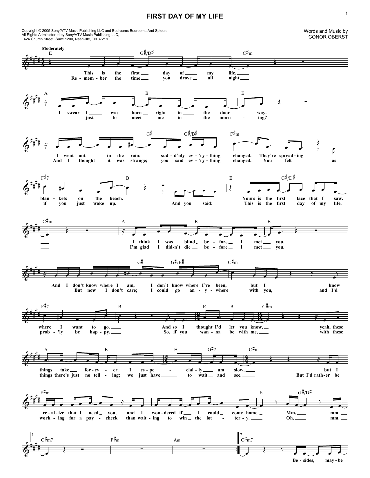 Bright Eyes First Day Of My Life sheet music notes and chords. Download Printable PDF.