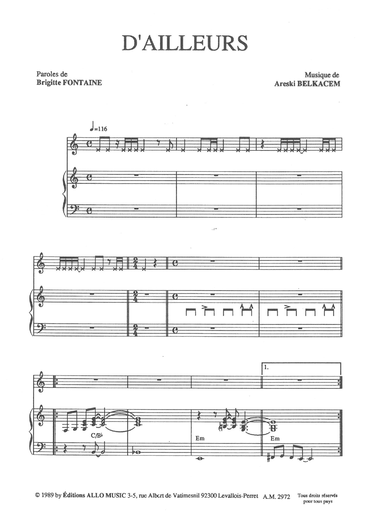 Learn to play Brigitte Fontaine & Areski Belkacem D'ailleurs sheet music for Piano & Vocal in minutes. Price: 7.8900$ Brigitte Fontaine & Areski Belkacem D'ailleurs sheet music notes and chords arranged for Piano & Vocal
