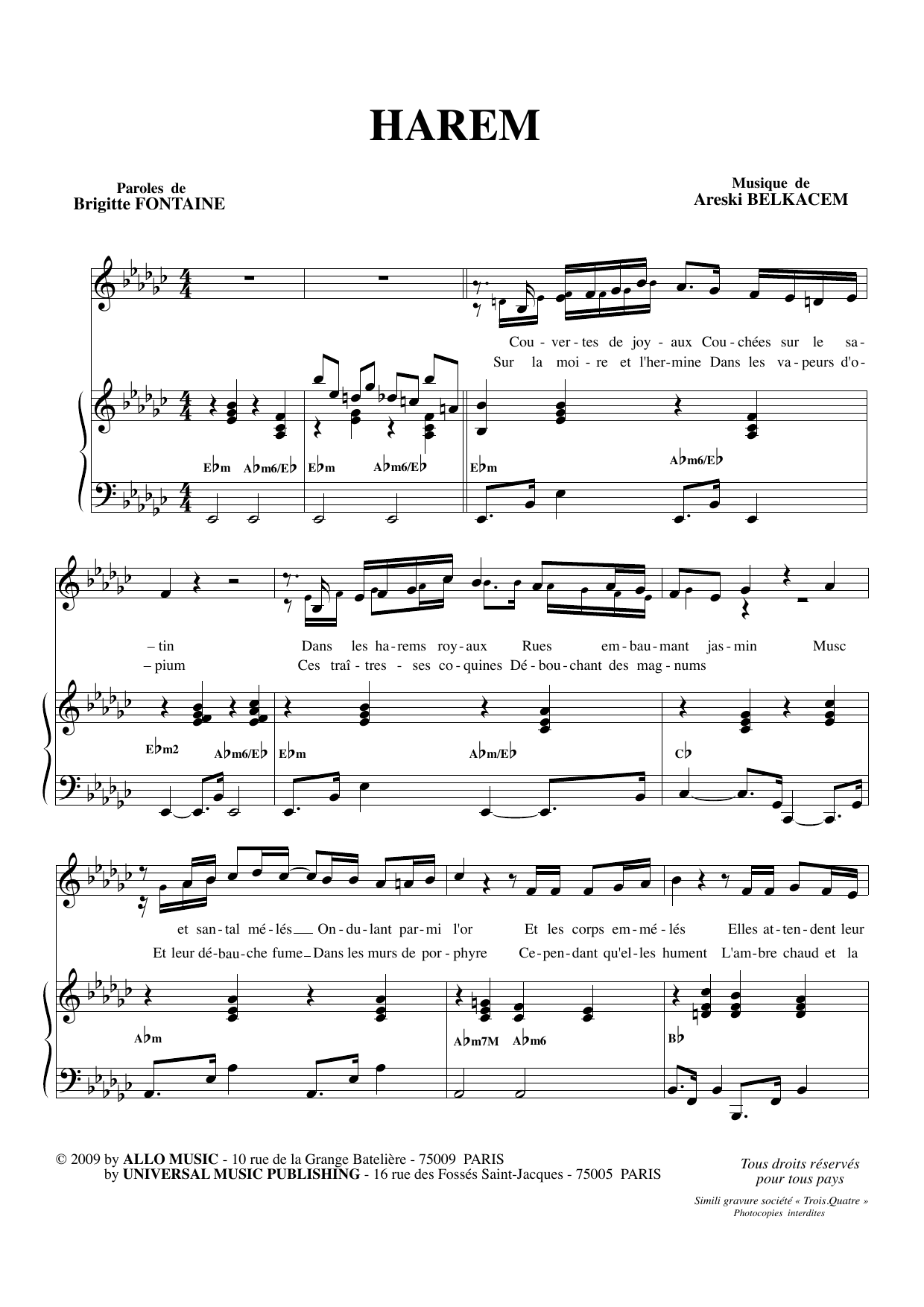 Learn to play Brigitte Fontaine & Areski Belkacem Harem sheet music for Piano & Vocal in minutes. Price: 7.8900$ Brigitte Fontaine & Areski Belkacem Harem sheet music notes and chords arranged for Piano & Vocal