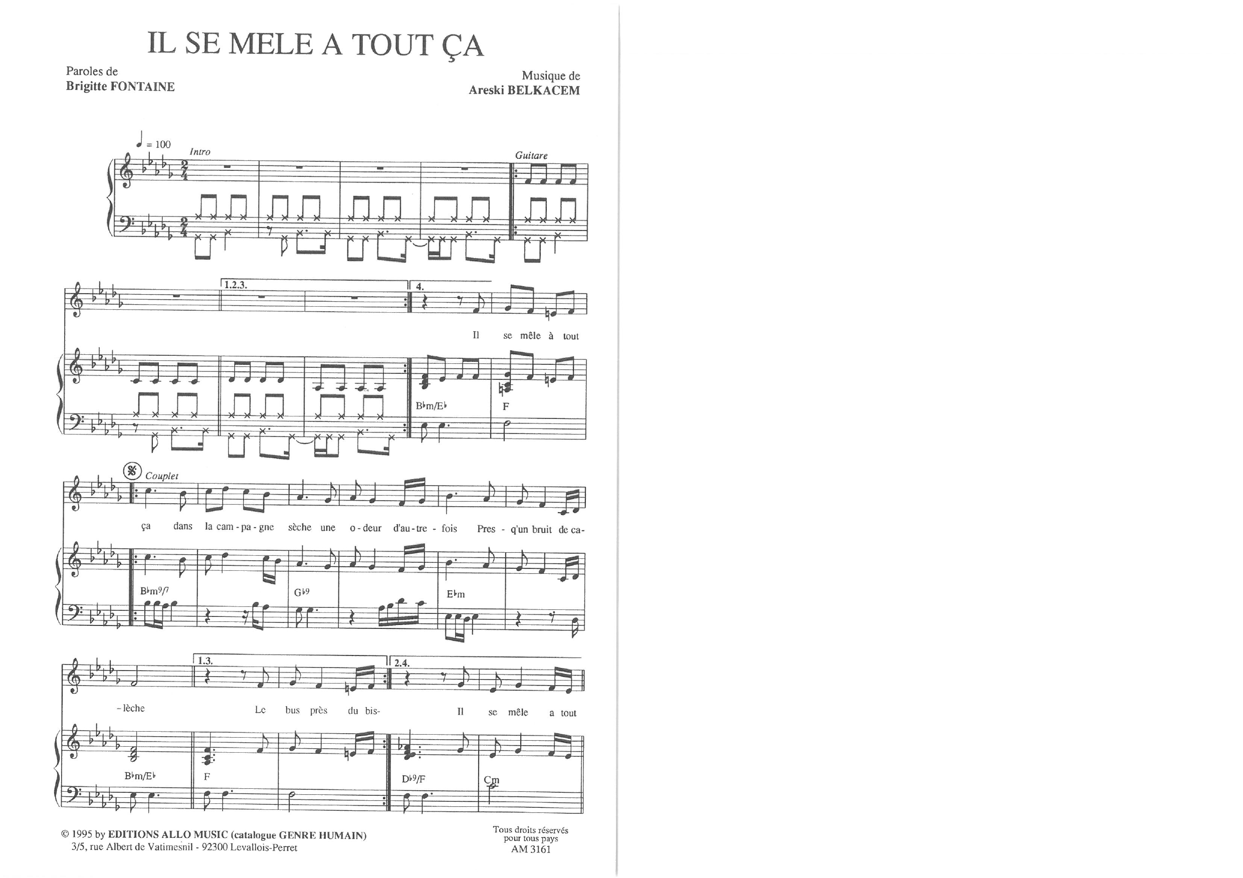 Learn to play Brigitte Fontaine & Areski Belkacem Il S'en Passe sheet music for Piano & Vocal in minutes. Price: 7.8900$ Brigitte Fontaine & Areski Belkacem Il S'en Passe sheet music notes and chords arranged for Piano & Vocal