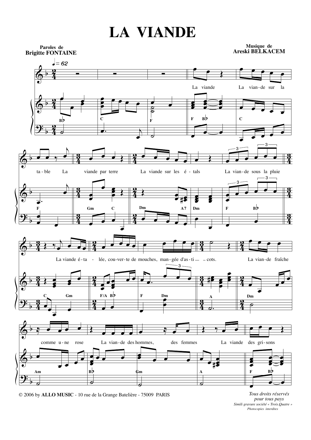 Brigitte Fontaine & Areski Belkacem La Viande sheet music notes and chords. Download Printable PDF.