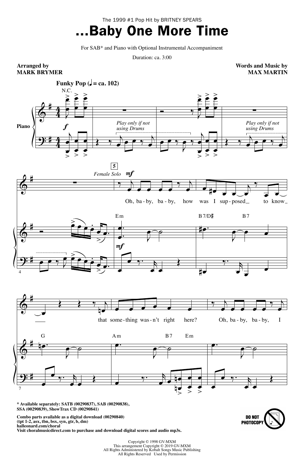 Britney Spears ...Baby One More Time (arr. Mark Brymer) sheet music notes and chords. Download Printable PDF.