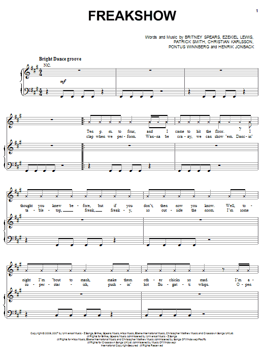 Learn to play Britney Spears Freakshow sheet music for Piano, Vocal & Guitar Chords (Right-Hand Melody) in minutes. Price: 7.8900$ Britney Spears Freakshow sheet music notes and chords arranged for Piano, Vocal & Guitar Chords (Right-Hand Melody)