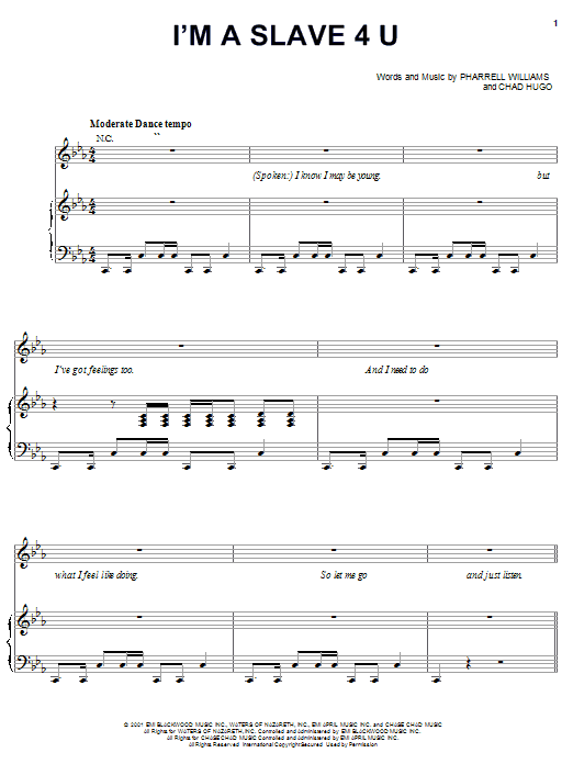Learn to play Britney Spears I'm A Slave 4 U sheet music for Piano, Vocal & Guitar Chords in minutes. Price: 7.8900$ Britney Spears I'm A Slave 4 U sheet music notes and chords arranged for Piano, Vocal & Guitar Chords