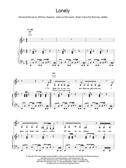 Learn to play Britney Spears Lonely sheet music for Piano, Vocal & Guitar Chords in minutes. Price: 7.8900$ Britney Spears Lonely sheet music notes and chords arranged for Piano, Vocal & Guitar Chords