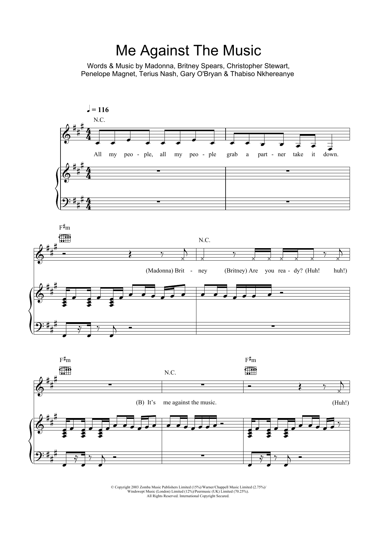 Britney Spears Me Against The Music (Remix) (feat. Madonna) sheet music notes and chords arranged for Piano, Vocal & Guitar Chords