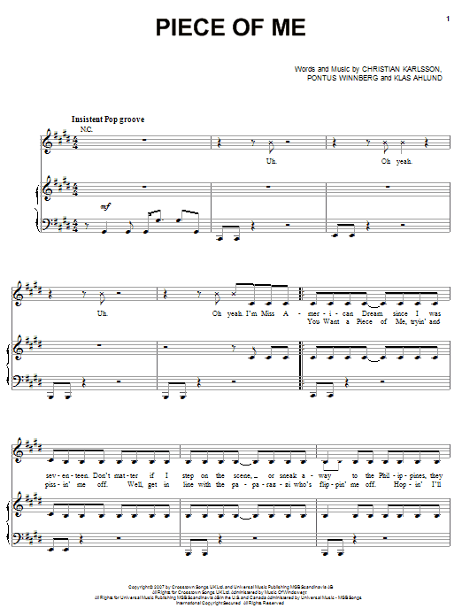 Learn to play Britney Spears Piece Of Me sheet music for Piano, Vocal & Guitar Chords in minutes. Price: 7.8900$ Britney Spears Piece Of Me sheet music notes and chords arranged for Piano, Vocal & Guitar Chords