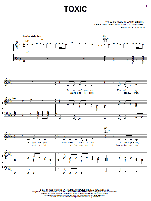 Britney Spears Toxic sheet music notes and chords. Download Printable PDF.