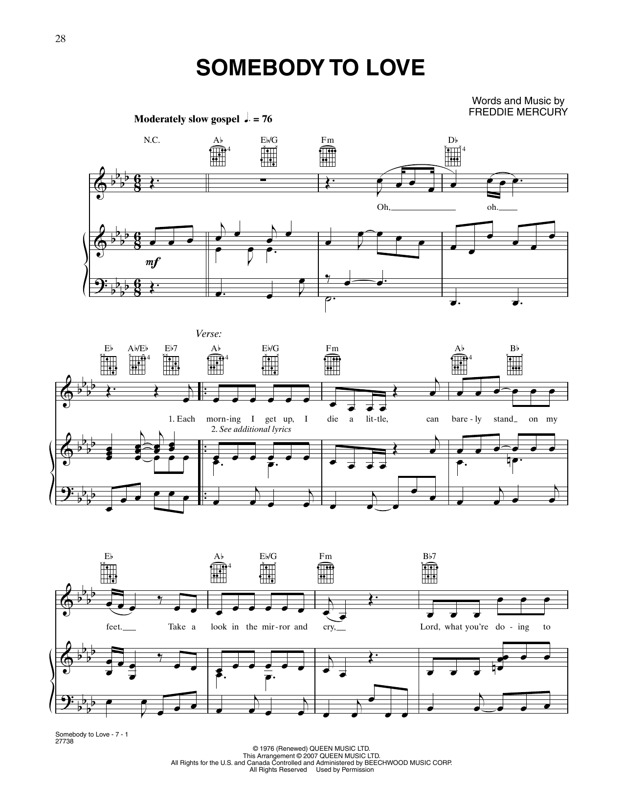 Queen Somebody To Love sheet music notes and chords. Download Printable PDF.