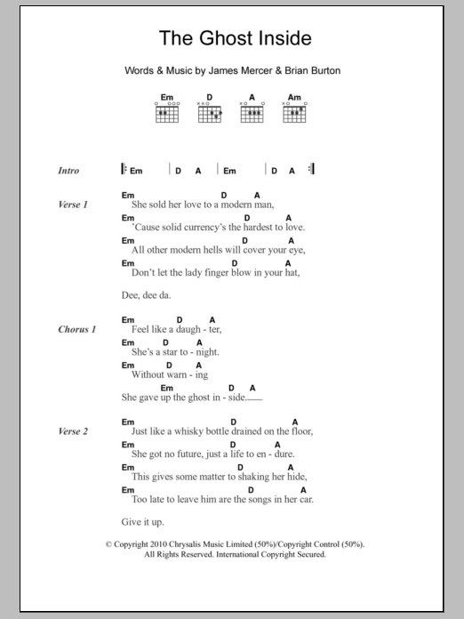 Broken Bells The Ghost Inside sheet music notes and chords arranged for Piano, Vocal & Guitar Chords