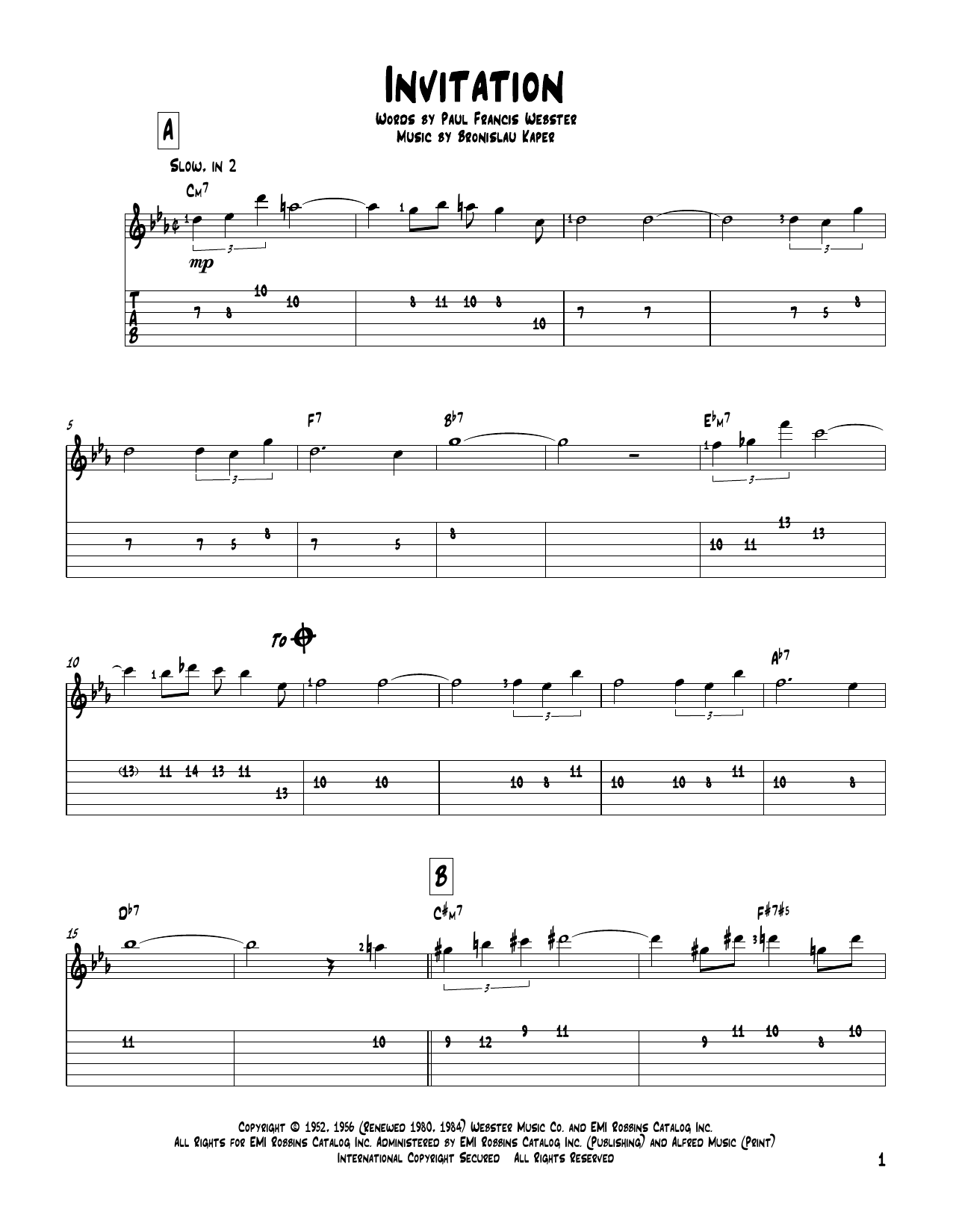 Bronislau Kaper Invitation sheet music notes and chords arranged for Piano Solo