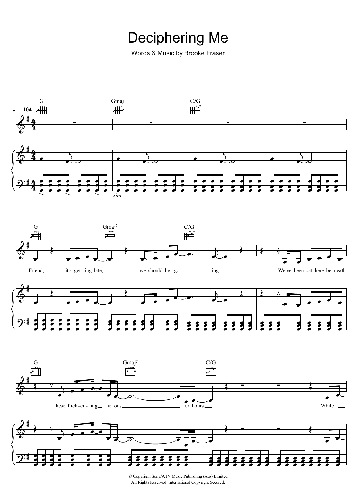 Brooke Fraser Deciphering Me sheet music notes and chords arranged for Piano, Vocal & Guitar Chords
