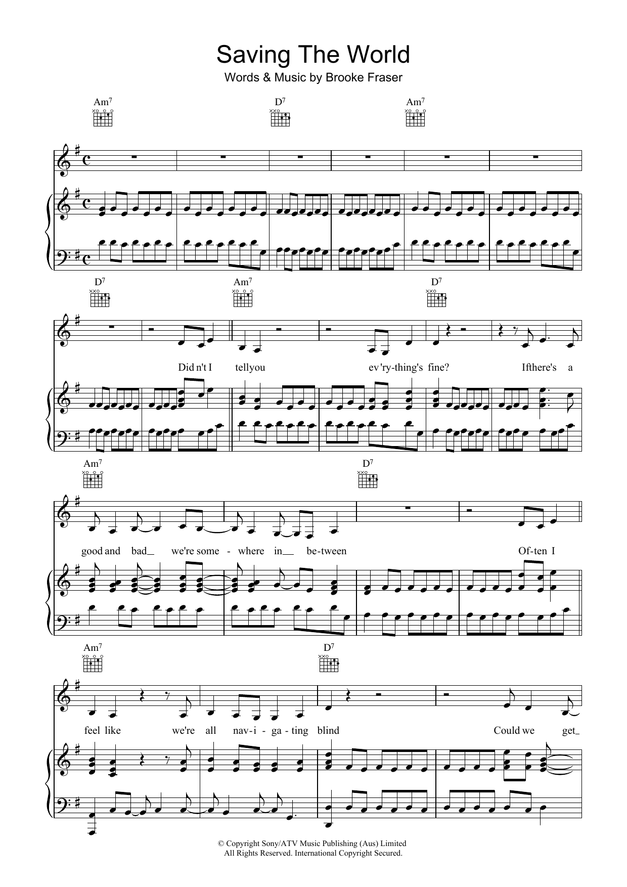 Brooke Fraser Saving The World sheet music notes and chords arranged for Piano, Vocal & Guitar Chords