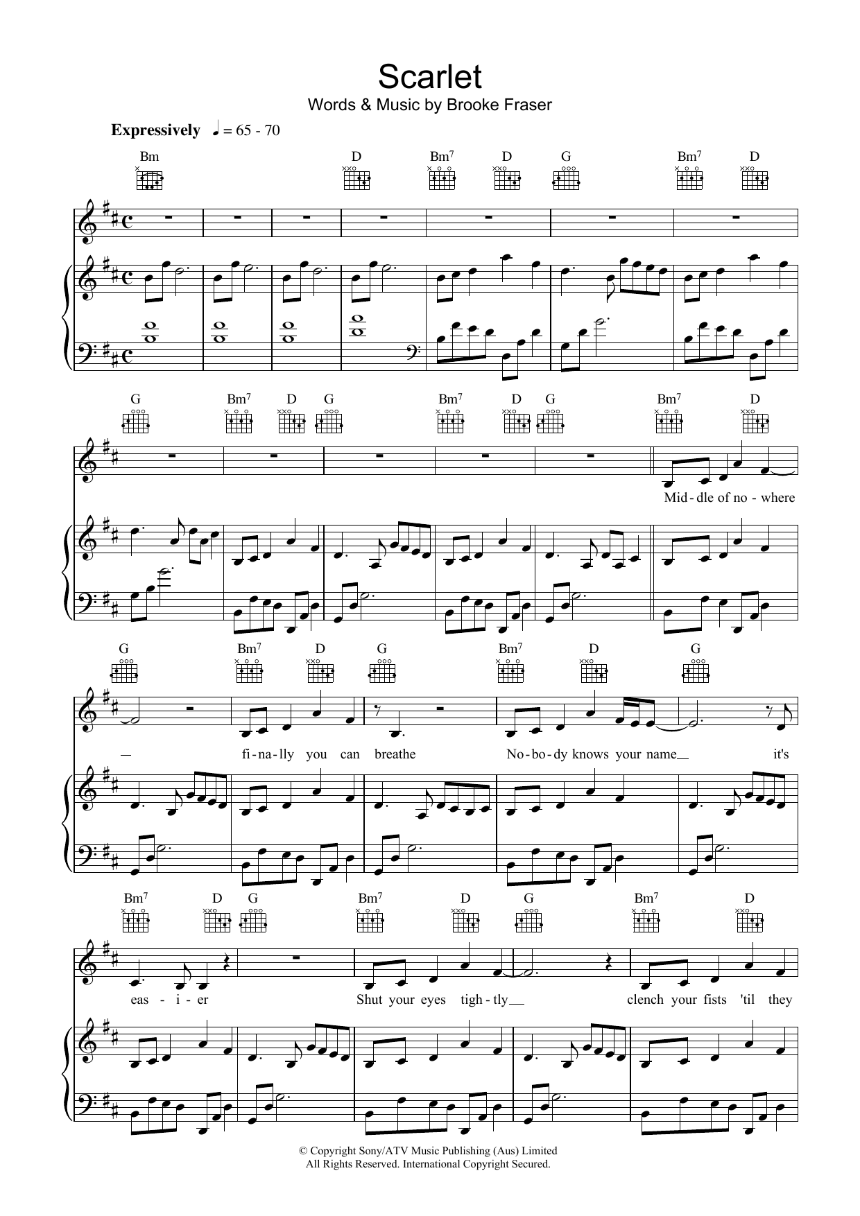 Brooke Fraser Scarlet sheet music notes and chords arranged for Piano, Vocal & Guitar Chords