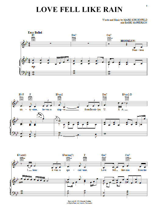Learn to play Brooklyn The Musical Love Fell Like Rain sheet music for Piano, Vocal & Guitar Chords (Right-Hand Melody) in minutes. Price: 7.8900$ Brooklyn The Musical Love Fell Like Rain sheet music notes and chords arranged for Piano, Vocal & Guitar Chords (Right-Hand Melody)