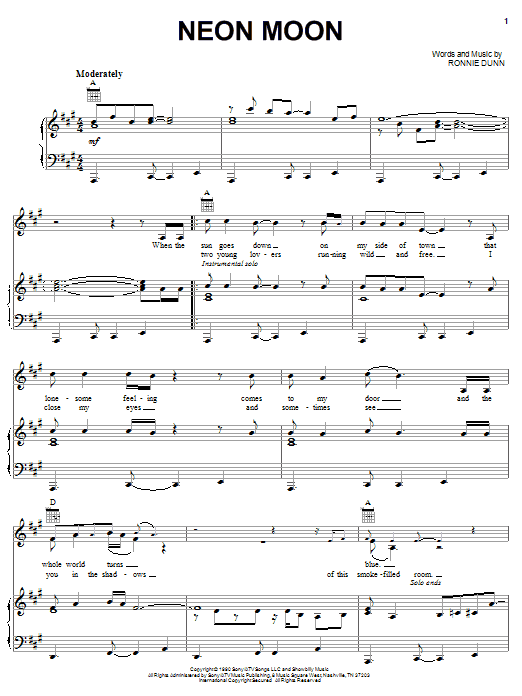 Brooks & Dunn Neon Moon sheet music notes and chords. Download Printable PDF.