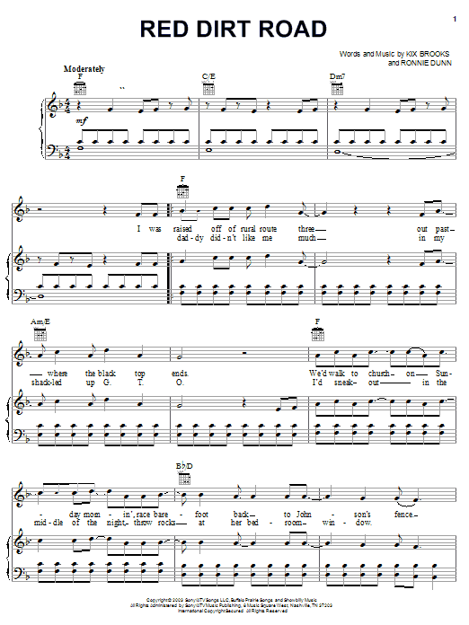 Learn to play Brooks & Dunn Red Dirt Road sheet music for Piano, Vocal & Guitar Chords (Right-Hand Melody) in minutes. Price: 7.8900$ Brooks & Dunn Red Dirt Road sheet music notes and chords arranged for Piano, Vocal & Guitar Chords (Right-Hand Melody)