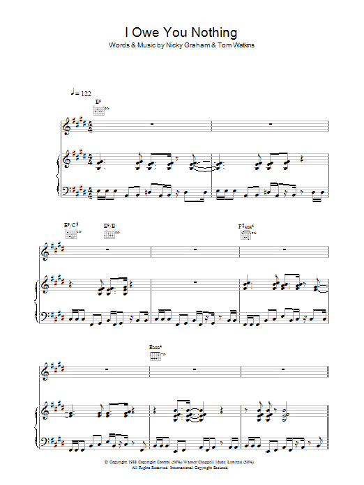 Learn to play Bros I Owe You Nothing sheet music for Piano, Vocal & Guitar Chords in minutes. Price: 7.8900$ Bros I Owe You Nothing sheet music notes and chords arranged for Piano, Vocal & Guitar Chords