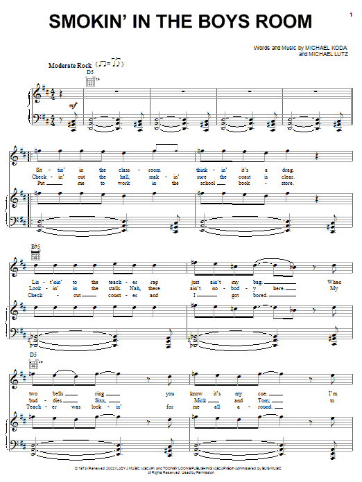 Learn to play Brownsville Station Smokin' In The Boys Room sheet music for Piano, Vocal & Guitar Chords (Right-Hand Melody) in minutes. Price: 7.8900$ Brownsville Station Smokin' In The Boys Room sheet music notes and chords arranged for Piano, Vocal & Guitar Chords (Right-Hand Melody)