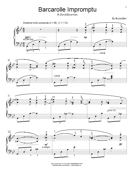 Learn to play Bruce Berr Barcarolle Impromptu sheet music for Piano Solo in minutes. Price: 7.8900$ Bruce Berr Barcarolle Impromptu sheet music notes and chords arranged for Piano Solo