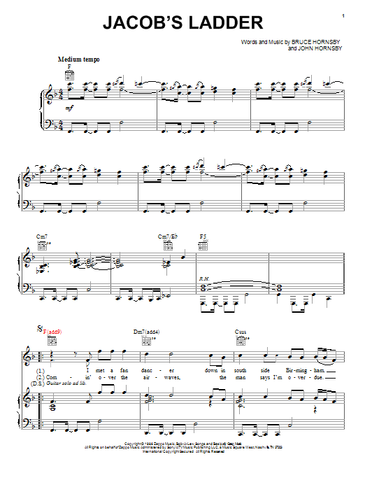 Learn to play Bruce Hornsby Jacob's Ladder sheet music for Piano, Vocal & Guitar Chords (Right-Hand Melody) in minutes. Price: 7.8900$ Bruce Hornsby Jacob's Ladder sheet music notes and chords arranged for Piano, Vocal & Guitar Chords (Right-Hand Melody)