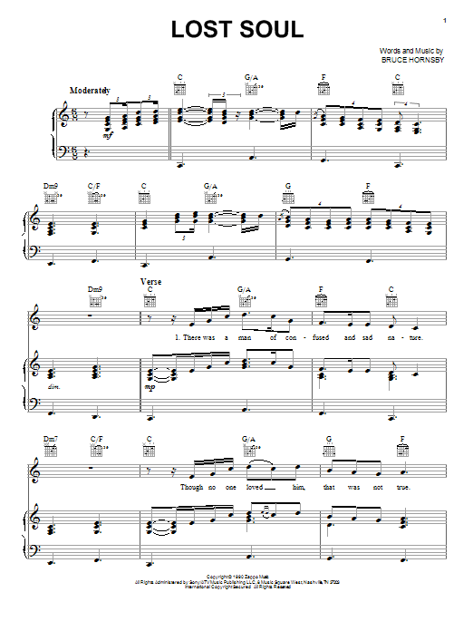 Learn to play Bruce Hornsby Lost Soul sheet music for Piano, Vocal & Guitar Chords (Right-Hand Melody) in minutes. Price: 7.8900$ Bruce Hornsby Lost Soul sheet music notes and chords arranged for Piano, Vocal & Guitar Chords (Right-Hand Melody)