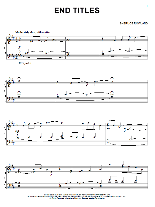 Learn to play Bruce Rowland End Titles sheet music for Piano Solo in minutes. Price: 7.8900$ Bruce Rowland End Titles sheet music notes and chords arranged for Piano Solo
