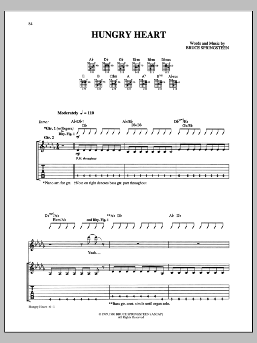 Learn to play Bruce Springsteen Hungry Heart sheet music for Guitar Tab in minutes. Price: 7.8900$ Bruce Springsteen Hungry Heart sheet music notes and chords arranged for Guitar Tab
