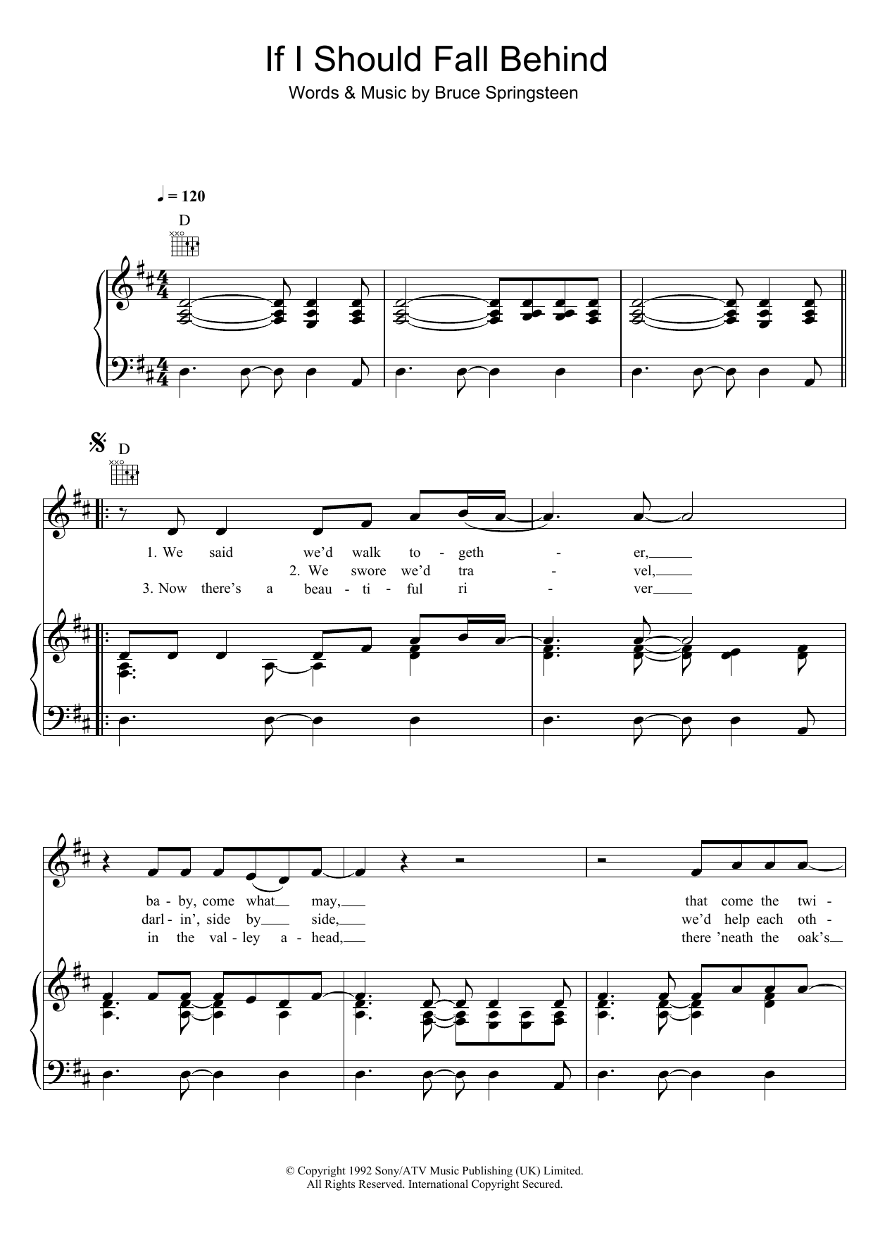 Learn to play Bruce Springsteen If I Should Fall Behind sheet music for Piano, Vocal & Guitar Chords in minutes. Price: 7.8900$ Bruce Springsteen If I Should Fall Behind sheet music notes and chords arranged for Piano, Vocal & Guitar Chords
