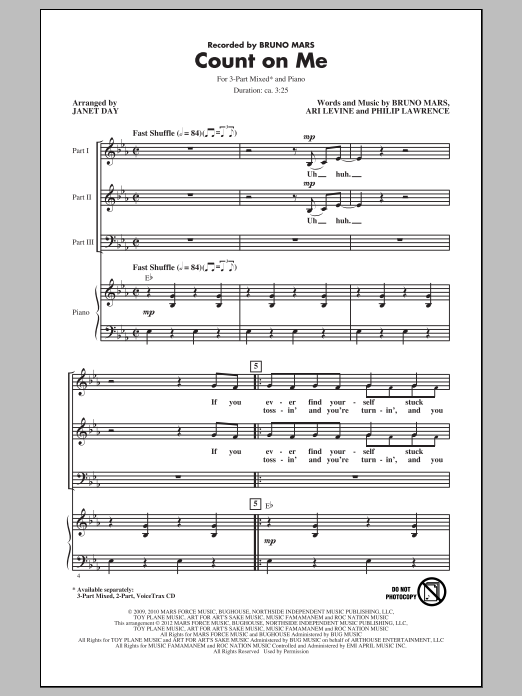 Bruno Mars Count On Me (arr. Janet Day) sheet music notes and chords. Download Printable PDF.